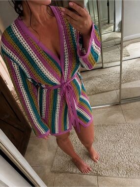 Hurley Women’s Crochet Cover-Up Robe in Purple Stripe